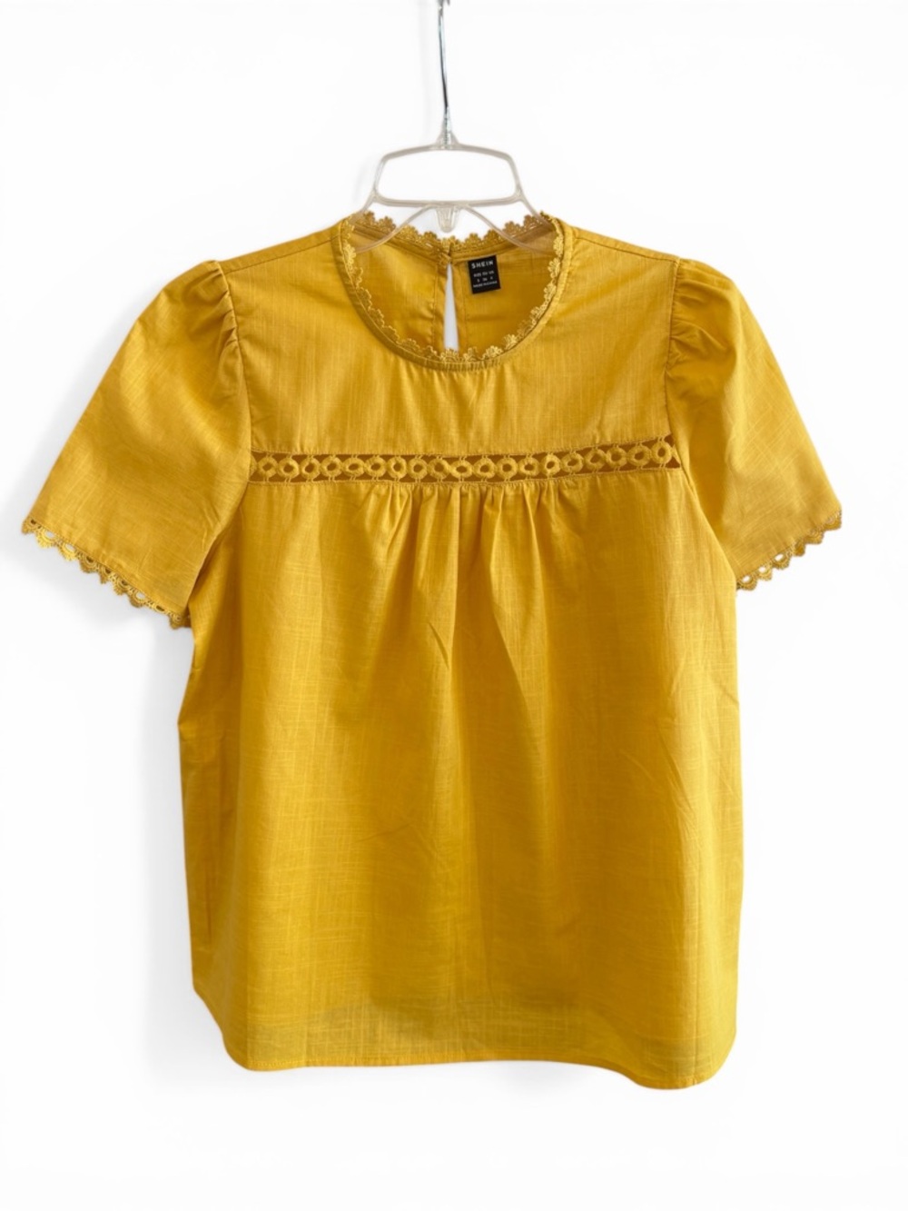 SHEIN Mustard Yellow Lace Trim Short Sleeve Blouse NEW